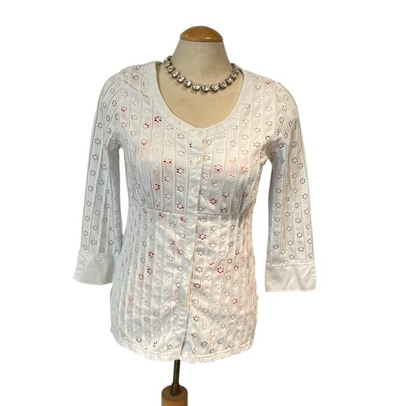 MELANIE LYNE Cardigan Size Medium Eyelet Flower Shaped Cutouts Button Down - Picture 3 of 10